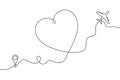 Continuous one line drawing of airplane path in heart form. One single line airplane route with start point and hearted way